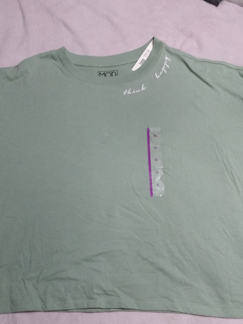 Women's Sage Green Crew Neck T-Shirt Think Happy Embroidered Long Sleeve XL